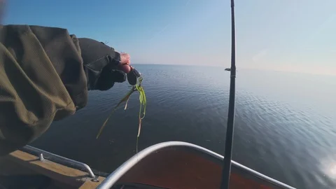Fisherman removes algae from spinners Stock Footage 127545781
