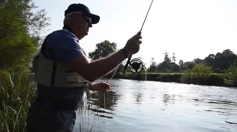 Fisherman in river, afternoon light Stock Footage