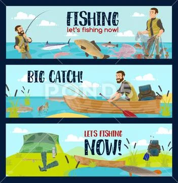 Fisherman with rods, tackles and fish catch: Royalty Free #96099186