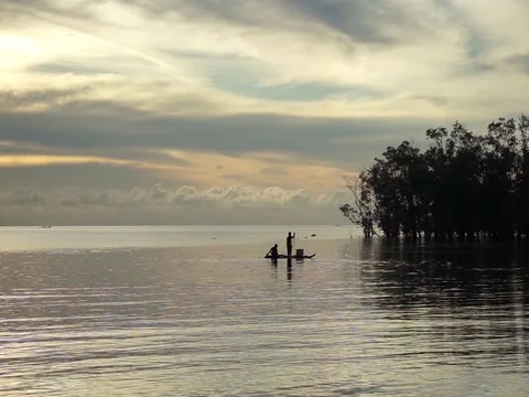 Fisherman rowing bot Stock Footage 121846471