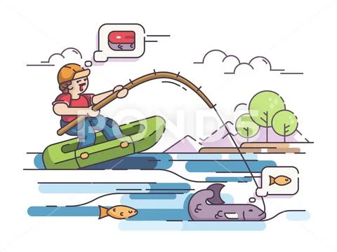 Fisherman in rubber boat Stock Illustration
