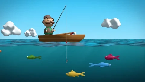 Fisherman on the sea in a 3D animation Stock Footage 252045112