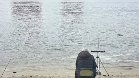 Fisherman Sitting Sandy Shore Dnipro River Bay Kyiv Ukraine Cloudy Spring Stock Footage 332018672