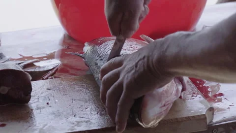 Fisherman is Slicing a Fish Stock Footage 247638496