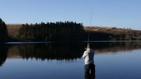 Fisherman standing in a lake, casting rod Stock Footage 73526337