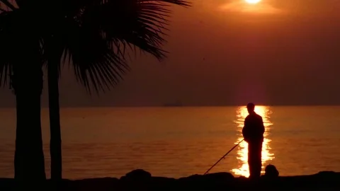 Fisherman in Sunset near Seaside Stock Footage 123765769