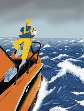 Fisherman taking a break, drinking coffee on boat at sea Ilustración de archivo