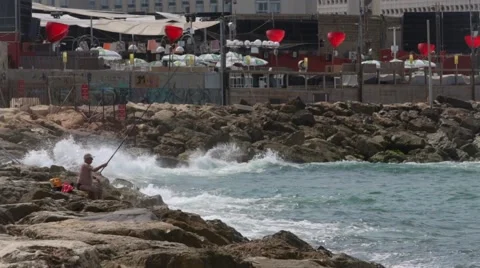 Fisherman in Tel Aviv Stock Footage