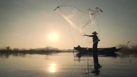 Asian Fisherman Throwing Net Stock Footage ~ Royalty Free Stock Videos