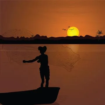 Fisherman throwing nets to catch fish, sunrise Stock Illustration