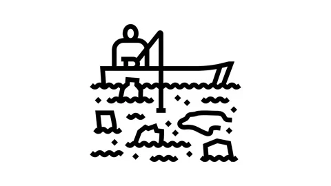 Fisherman trash filled river line icon animation Stock Footage 326121942