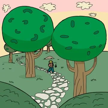 Fisherman walking in forest Stock Illustration