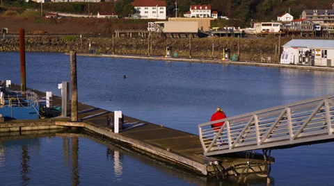 Fisherman Walks on Docks in Harbor Stock Footage 35274851