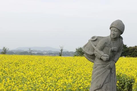 Fisherman woman  statue with yellow background in Jeju island Korea Stock Photos
