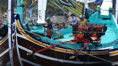 Fisherman Working on the Boat Stock Footage 89807763