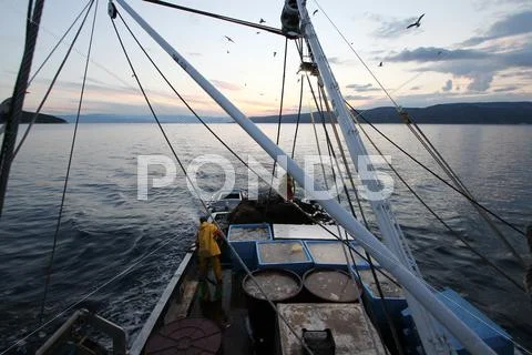 Fishermans on the boat catch the fish Stock Photos
