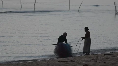 Fishermen are dragging their nets to catch fish on the coast. Видео 131604904