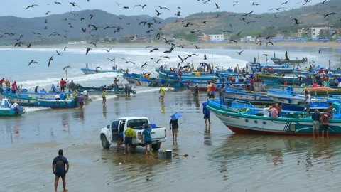 Fishermen on beach in Ecuador Video stock 101255390