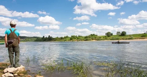 Fishermen on the big river in Russia (TimeLapse) Stock Footage