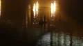 Fishermen boat night timelapse city yellow lights in water shine HD Footage