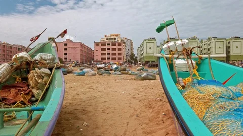 Fishermen boats on the beach in Chennai. Stock Footage 128194574