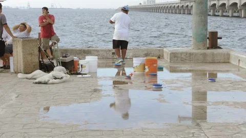 FISHERMEN AT DOCK IN  PUERTO PROGRESO LIFE IN MERIDA YUCATAN MEXICO. Stock Footage 100793690