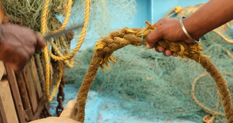 Fishermen hand with Rope Stock Footage 279842564