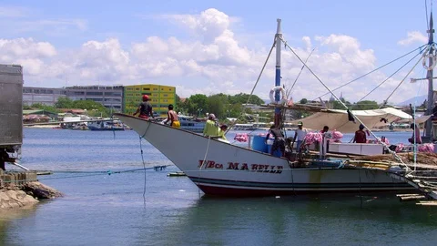 FISHERMEN LOADING ICE PUERTO PRINCESA PHILIPPINES Stock Footage 76651497