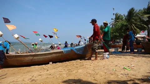 Fishermen preparing the boat before going out for fishing in the sea Stock Footage 50581965