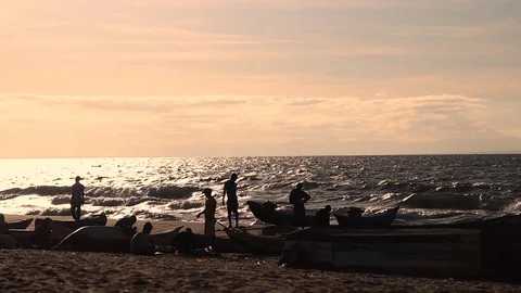 Fishermen preparing Nets Lake Malawi Stock Footage 108773260