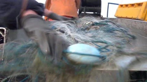 Fishermen pull out fishing nets on boat Stock Footage 85300688