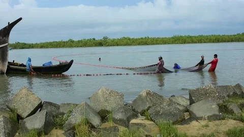 Fishermen Pulling Large Fishing Net in River During High Tide Stock Footage 319461813