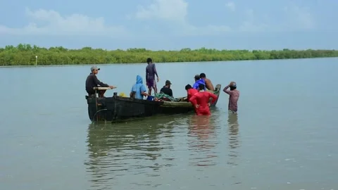 Fishermen Pulling Large Fishing Net in River During High Tide Stock Footage 319462259