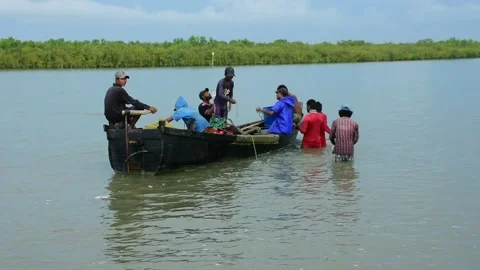 Fishermen Pulling Large Fishing Net in River During High Tide Stock Footage 319462383
