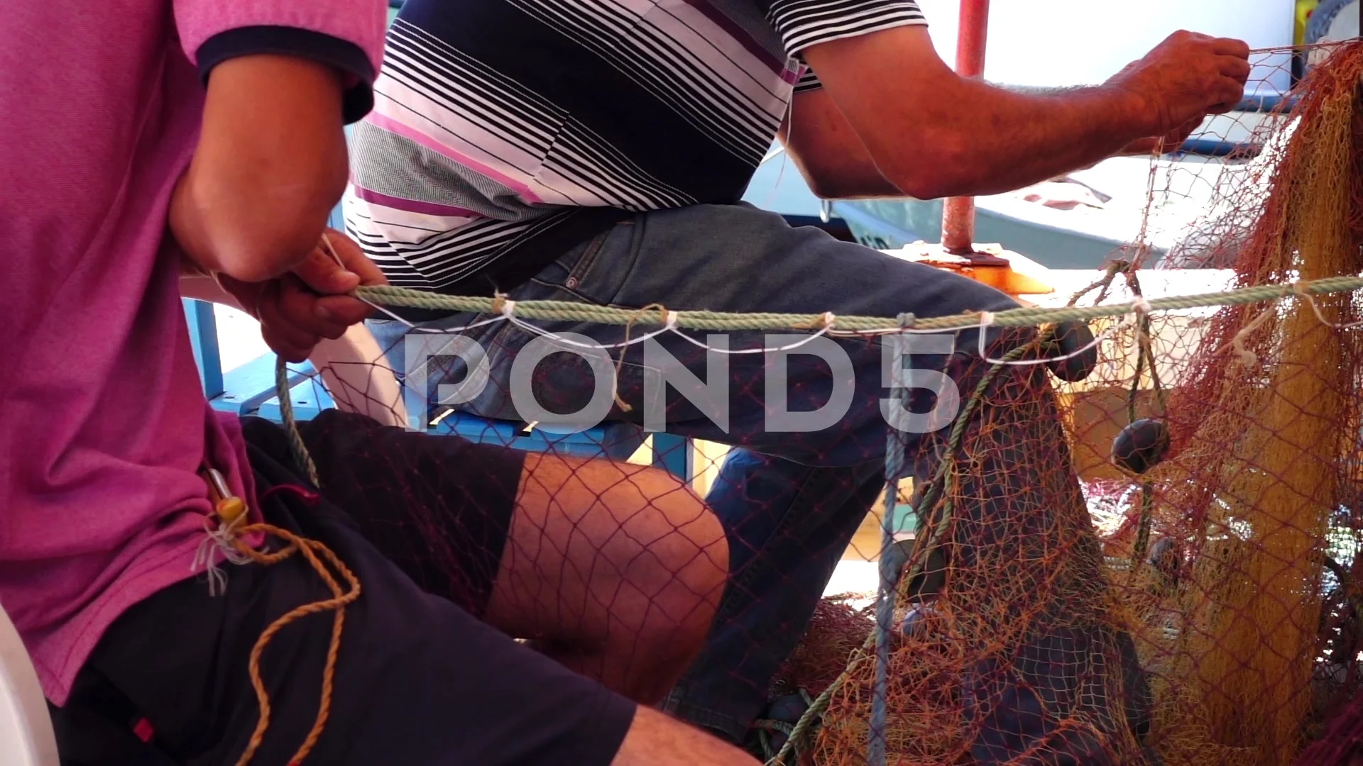 Fishermen Repair Fishnet Fishing Lines, Stock Video