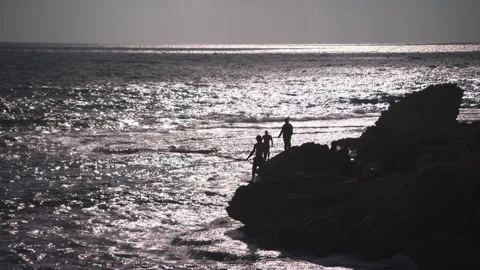 Fishermen at the shore during sunset Stock Footage 265157804