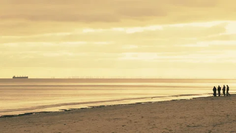 Fishermen standing on the beach at sunset Stock Footage 103427509