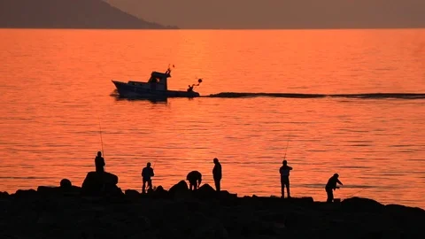 Fishermen At Sunset 1 Stock Footage 93190147