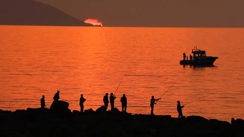Fishermen At Sunset 2 Stock Footage 93184142