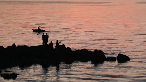 Fishermen At Sunset 3 Stock Footage 93184422