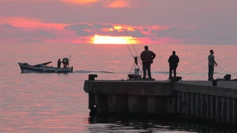 Fishermen at sunset on the pier Stock Footage 96519974