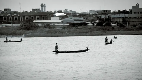 Fishermen throwing their nets in Porto Novo lagoon Stock Footage 81311051