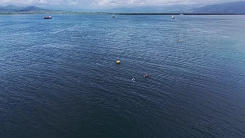 Fishermen Towing Floating Structure Across Bay Mountains Palawan Stockbeeldmateriaal 331807185