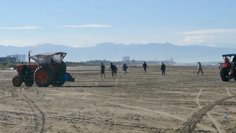 Fishermen walking along empty beach between old tractors and distant mountains Stock Footage 320462971