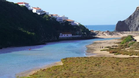 Fishermens Trail View with Cliffs and Village Portugal.Editorial Use Only Stock Footage 319132142