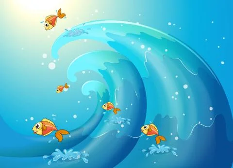 Fishes dancing along the big waves Stock Illustration