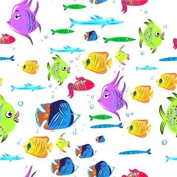 Fishes seamless pattern. Cute cartoon aquarium fish animals background for kids Stock Illustration
