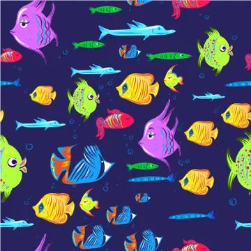 Fishes seamless pattern. Cute cartoon aquarium fish animals background for kids Illustrazione stock