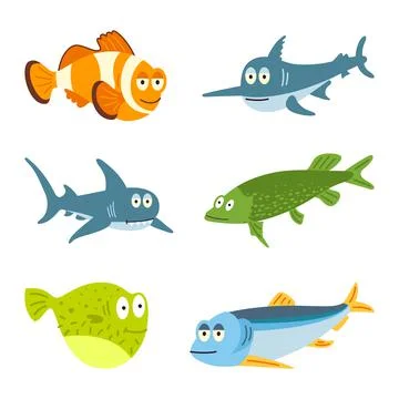 Fishes - set of vector icons. Isolated over white background Stock Illustration