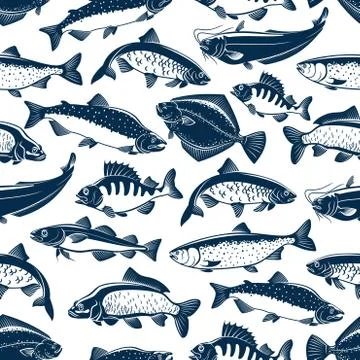 Fishes sketch seamless vector pattern Illustrazione stock